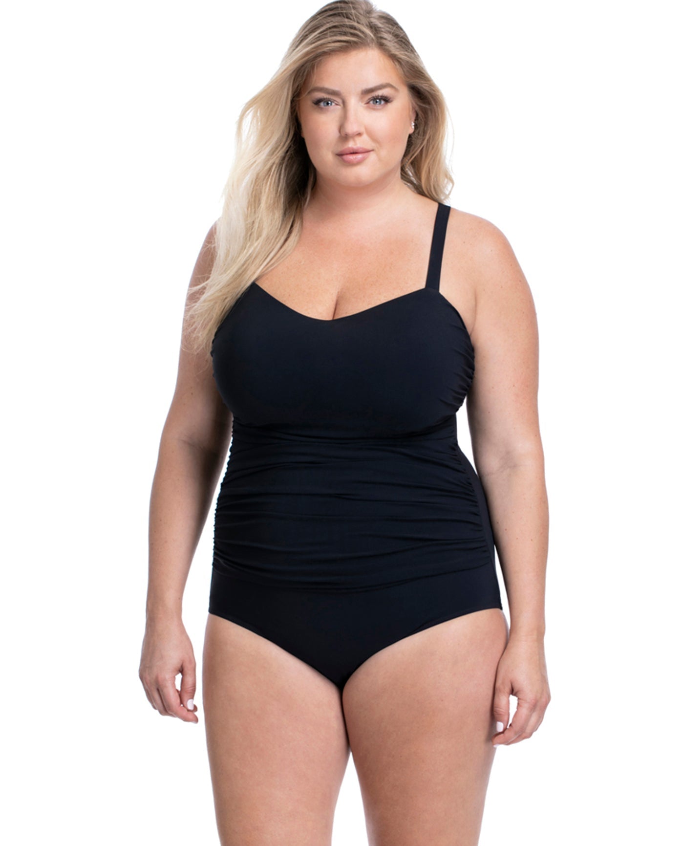 FRONT VIEW OF PROFILE BY GOTTEX TUTTI FRUTTI PLUS SIZE SCOOP NECK SHIRRED UNDERWIRE ONE PIECE SWIMSUIT | PRO TUTTI FRUTTI BLACK