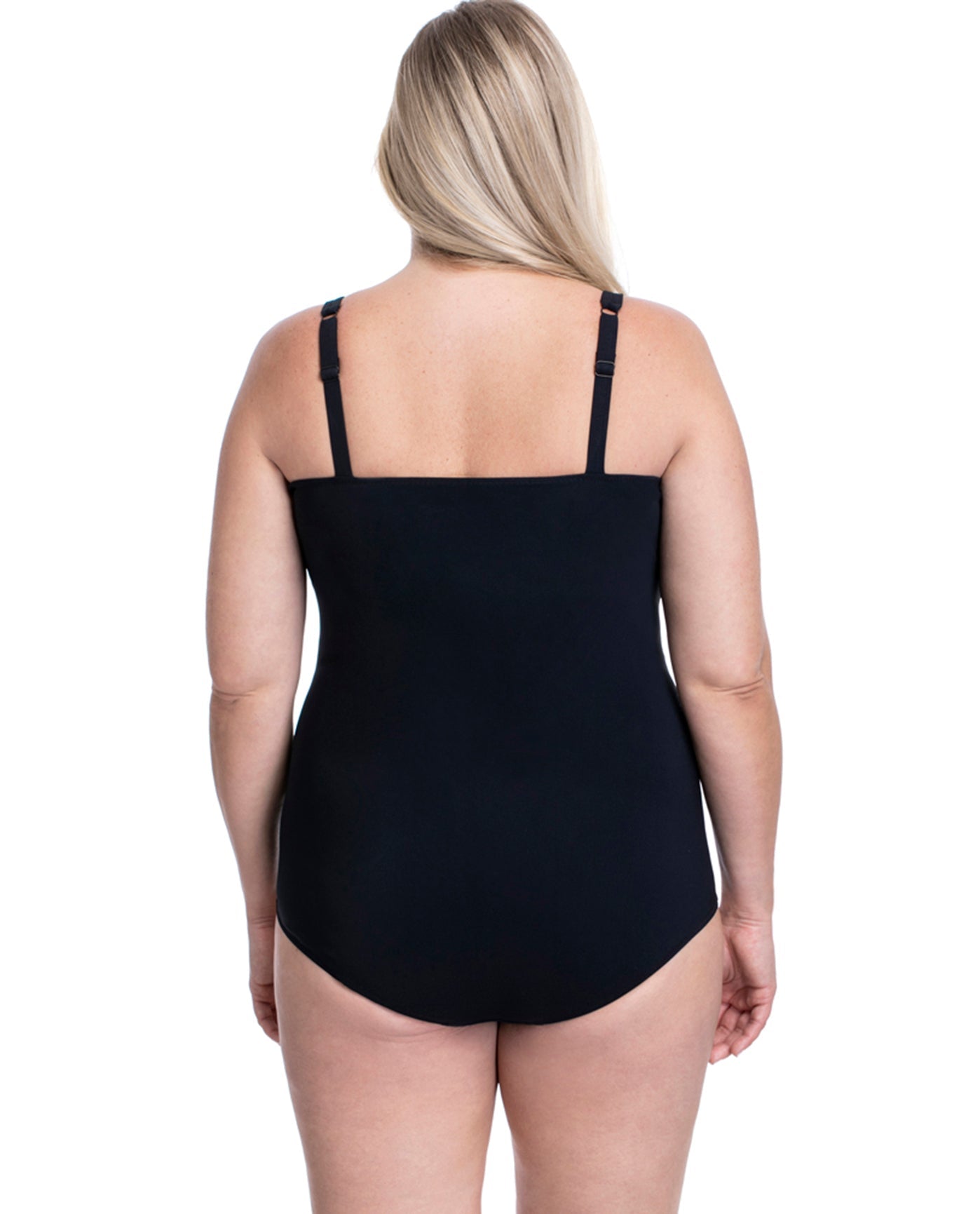 BACK VIEW OF PROFILE BY GOTTEX TUTTI FRUTTI PLUS SIZE SCOOP NECK SHIRRED UNDERWIRE ONE PIECE SWIMSUIT | PRO TUTTI FRUTTI BLACK