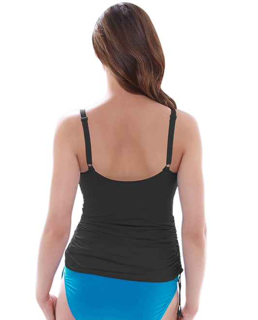 Back View Of Fantasie Versailles D-Cup Twist Front Underwire Side Adjustable Tankini Top | FAN BLACK
