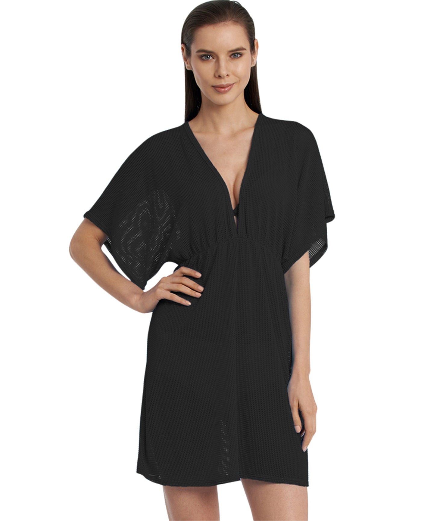 Front View Of Jordan Taylor Gofret Dolman Sleeve V-Neck Tunic | JOR Black