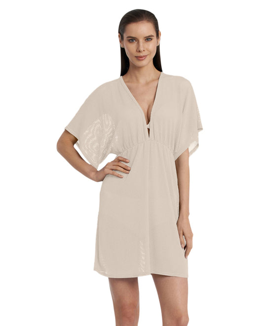 Front View Of Jordan Taylor Gofret Dolman Sleeve V-Neck Tunic | JOR Beige