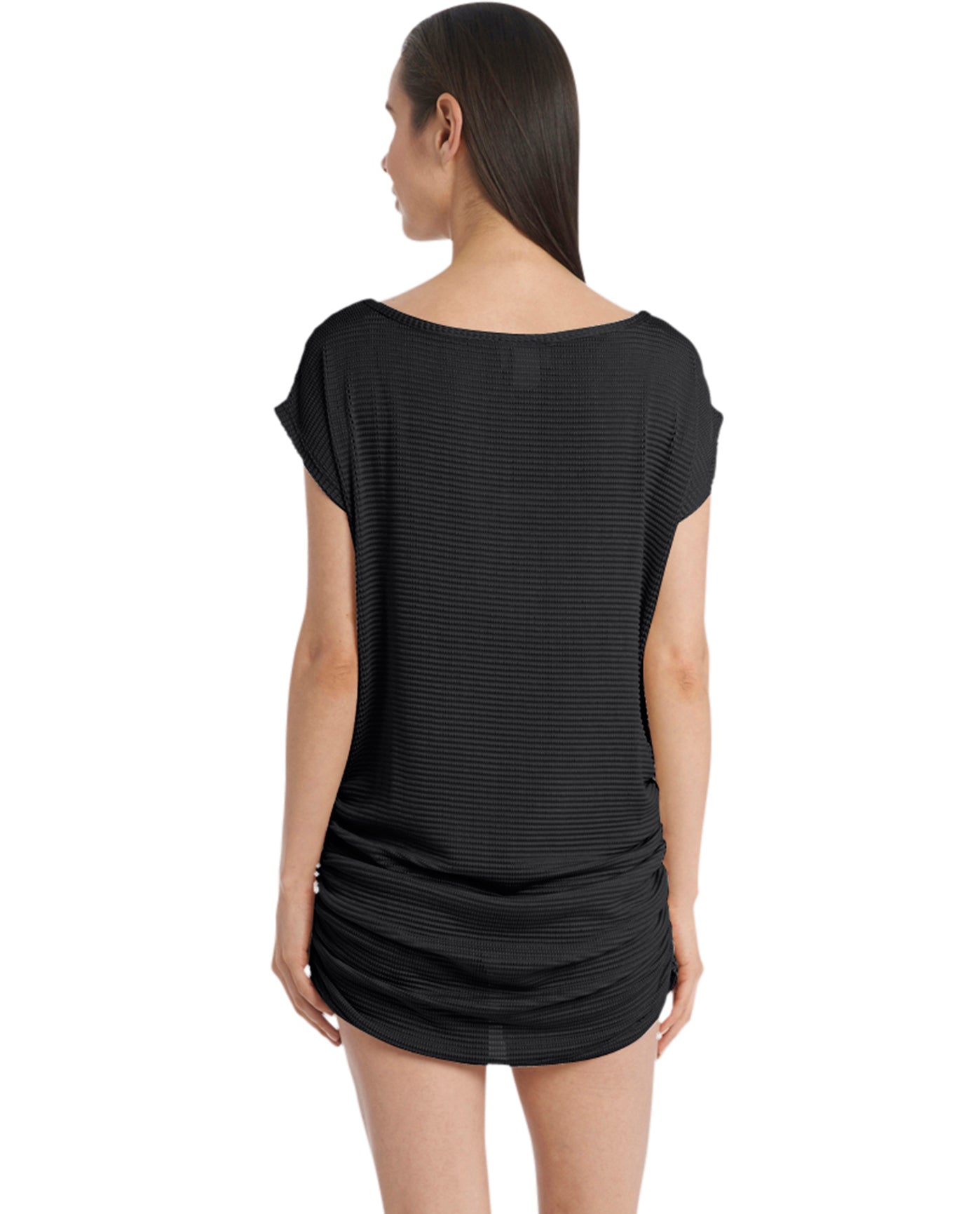 Back View Of Jordan Taylor Gofret Side Shirred Boat Neck Tunic | JOR Black