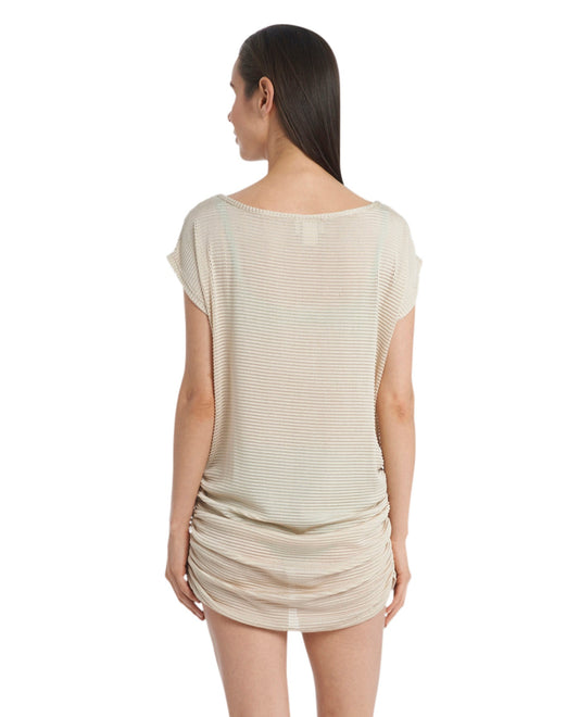 Back View Of Jordan Taylor Gofret Side Shirred Boat Neck Tunic | JOR Beige