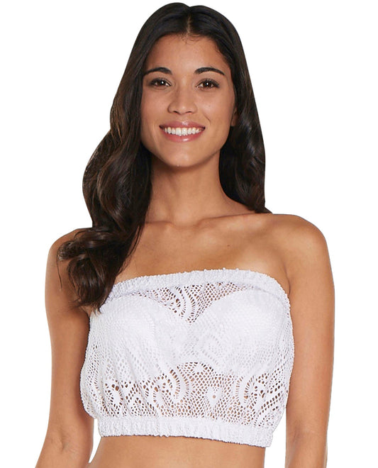 Front View Of Beach Habitat Heart Crochet Bandeau Crop Top | BHH WHITE