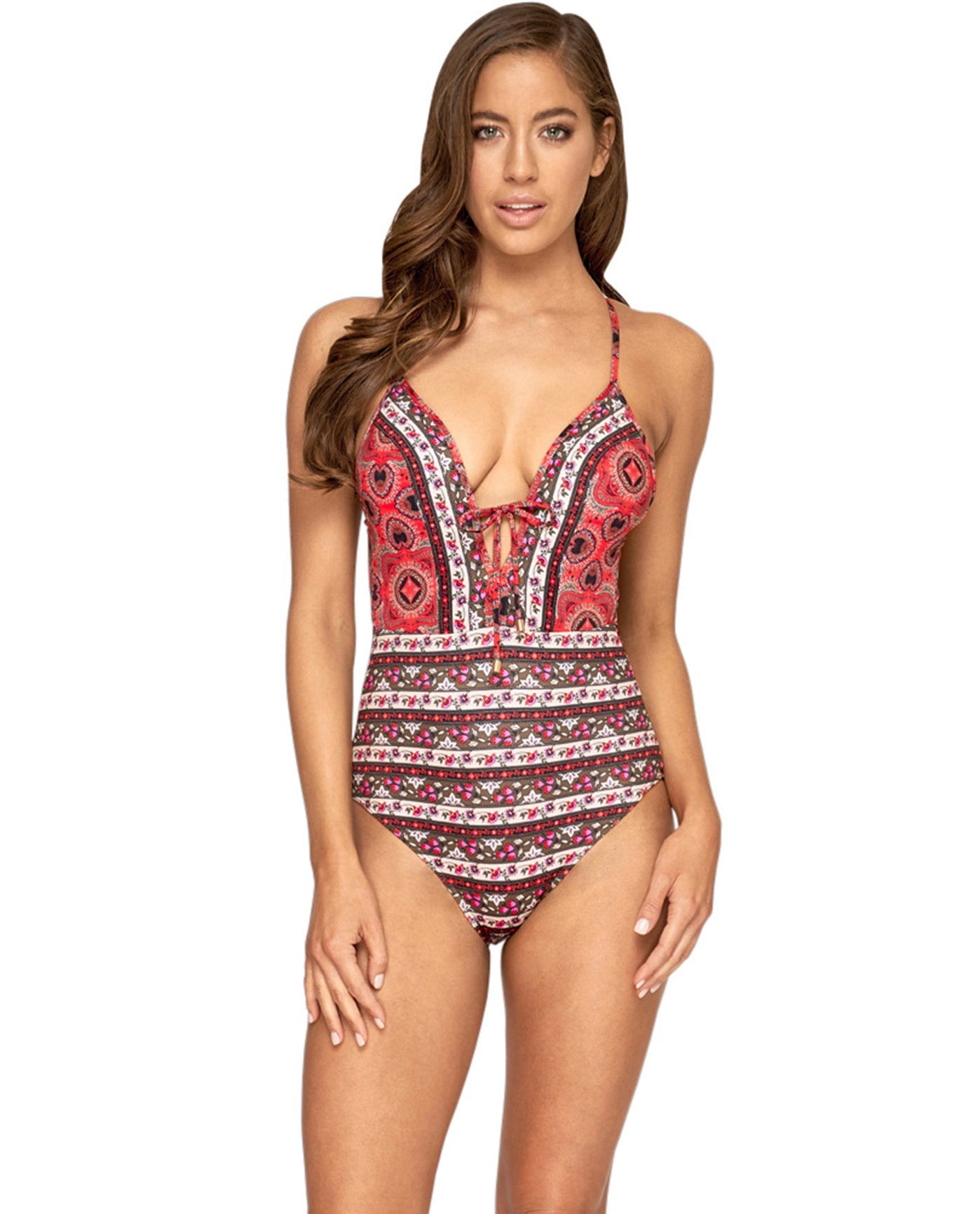 Front View Of JETS Australia Plunge V-Neck One Piece Swimsuit | JET ARABIAN SPICE