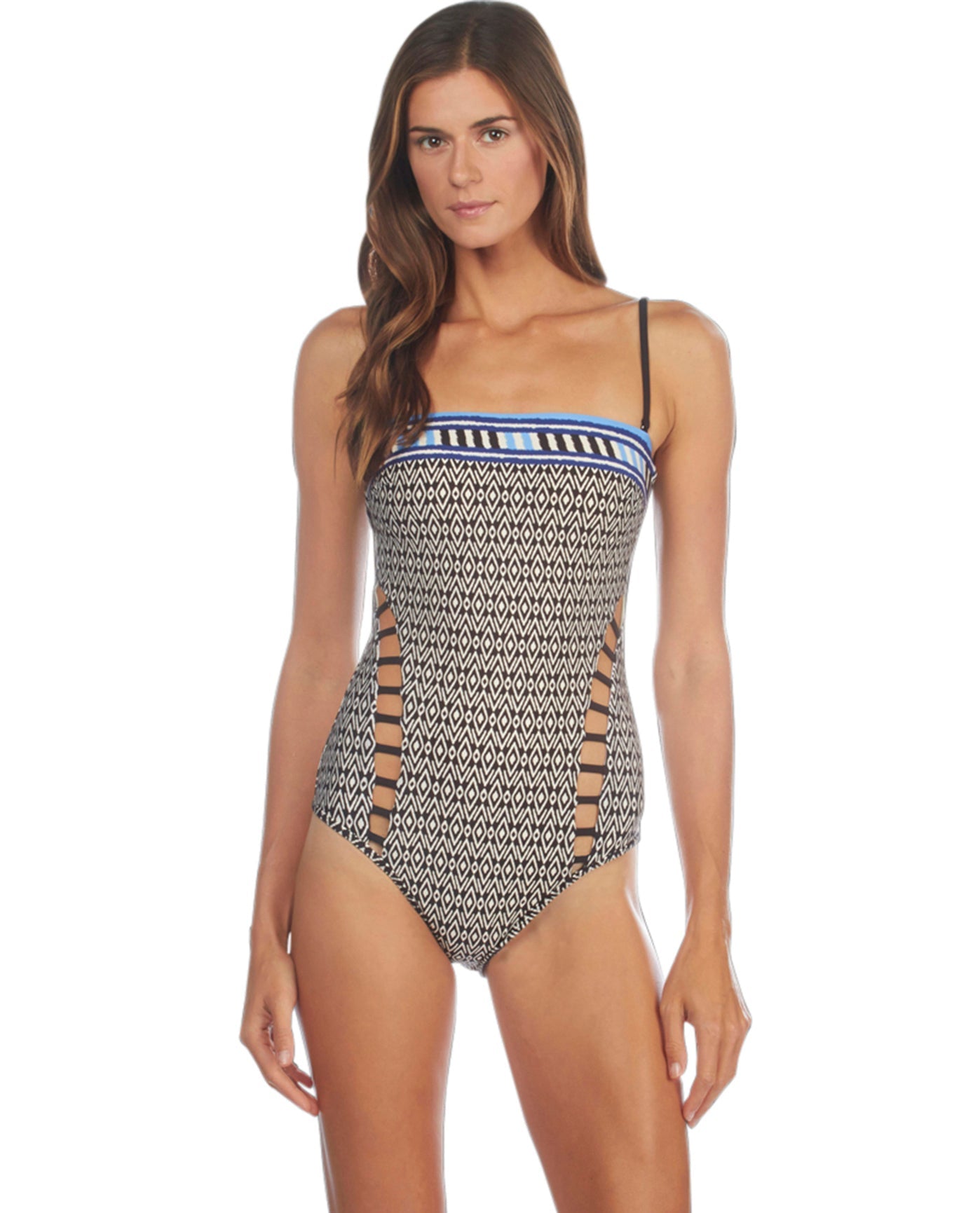 Front View Of Kenneth Cole Tribal Beat Bandeau Cut Out One Piece Swimsuit | KKC Tribal Beat Brown