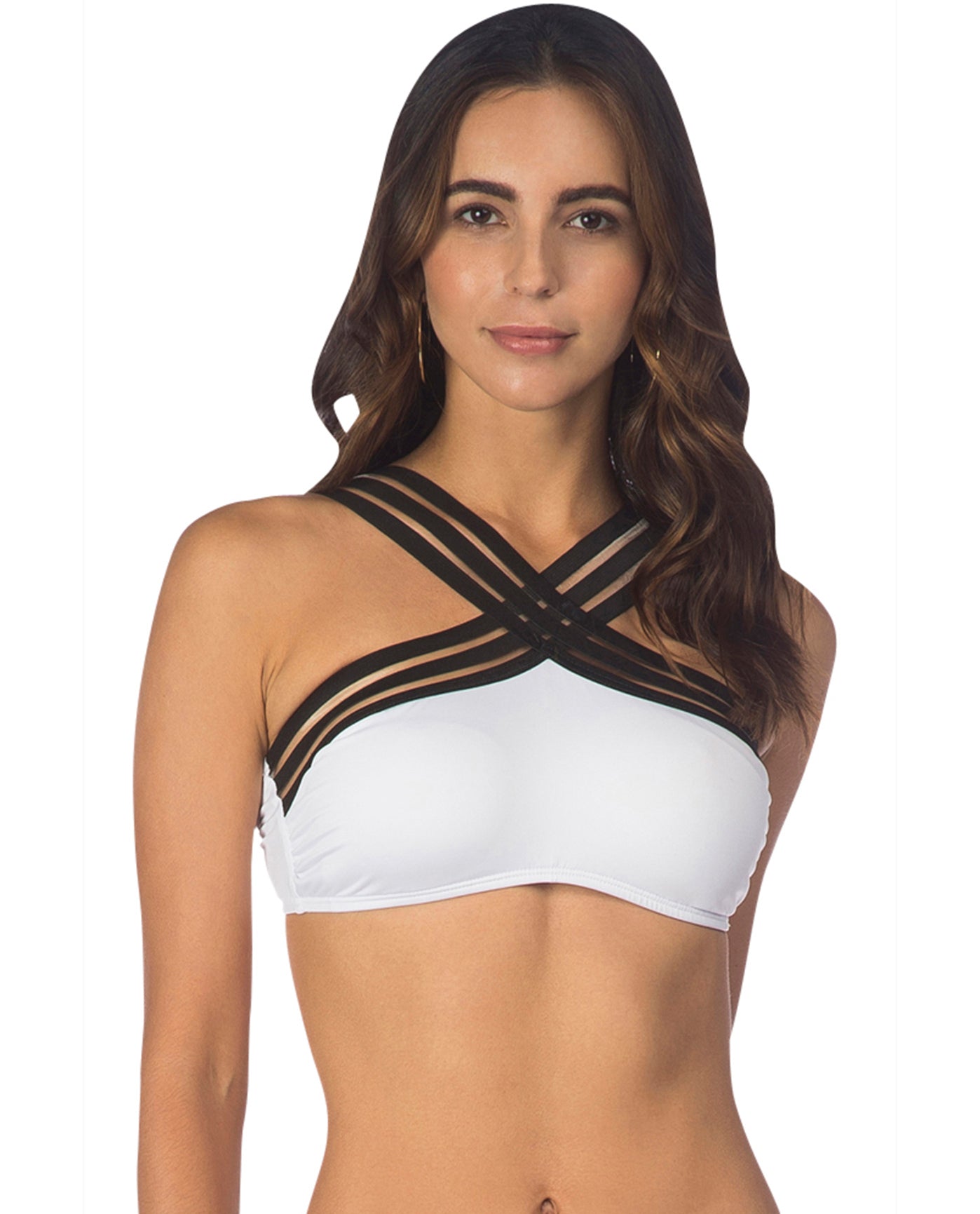 Front View Of Kenneth Cole New York Stompin Stilettos Sporty High Neck Bikini Top | KKC White