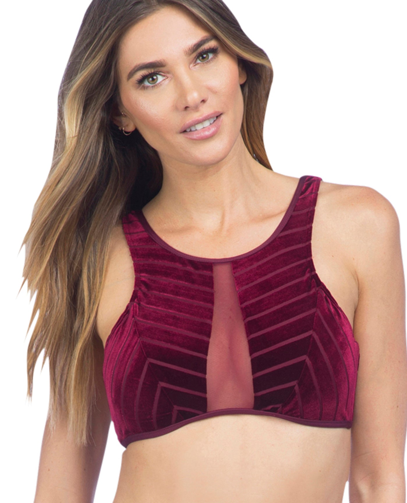 Front View Of Kenneth Cole Burgundy Velvet Stripe Mesh High Neck Bikini Top | KKC Burgundy Velvet