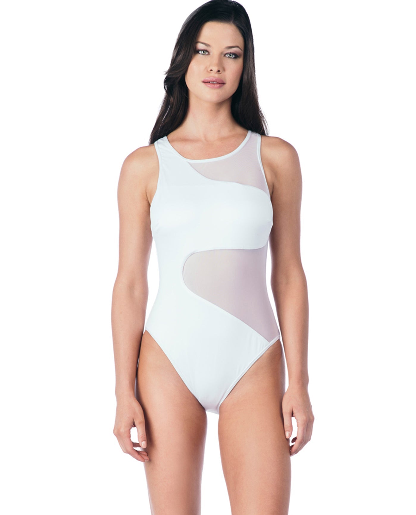 Front View Of Kenneth Cole New York All Meshed Up Mesh High Neck One Piece Swimsuit | KKC Solid White