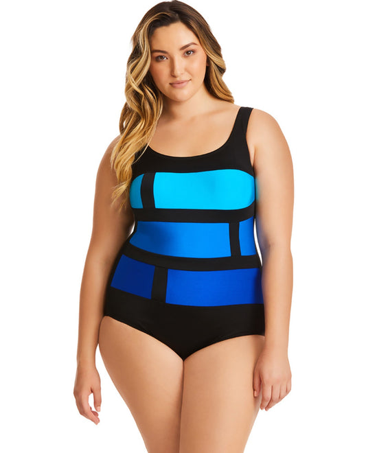 Front View Of Longitude Plus Size Color Block Stained Glass One Piece Swimsuit | LGT Stained Glass Blue