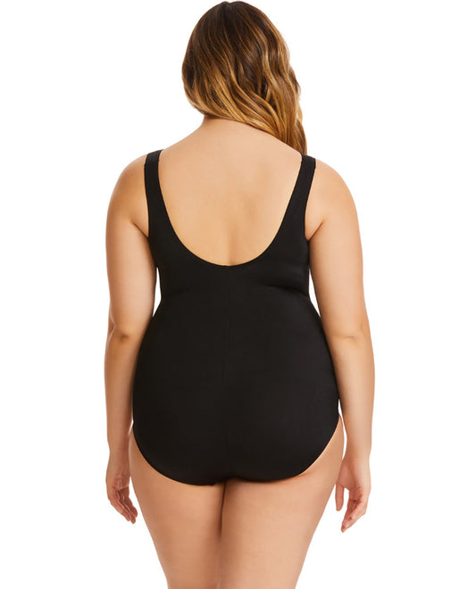 Back View Of Longitude Plus Size Color Block Stained Glass One Piece Swimsuit | LGT Stained Glass Blue