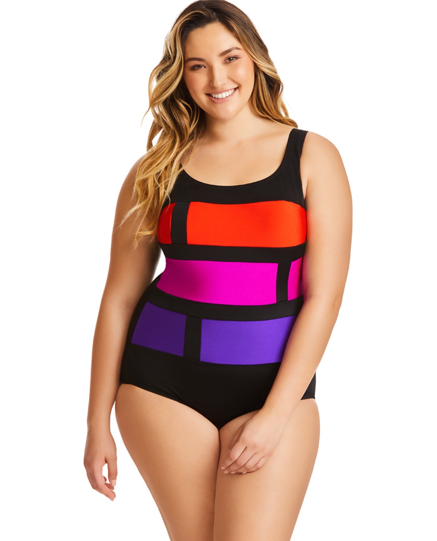 Front View Of Longitude Plus Size Color Block Stained Glass One Piece Swimsuit | LGT Stained Glass Purple