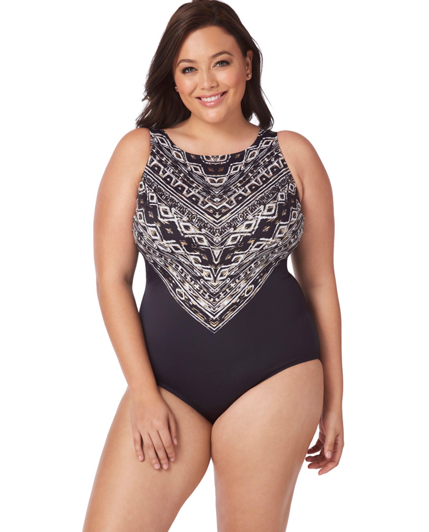 Front View Of Longitude Plus Size Scoopback High Neck One Piece Swimsuit | LGT Mazunte