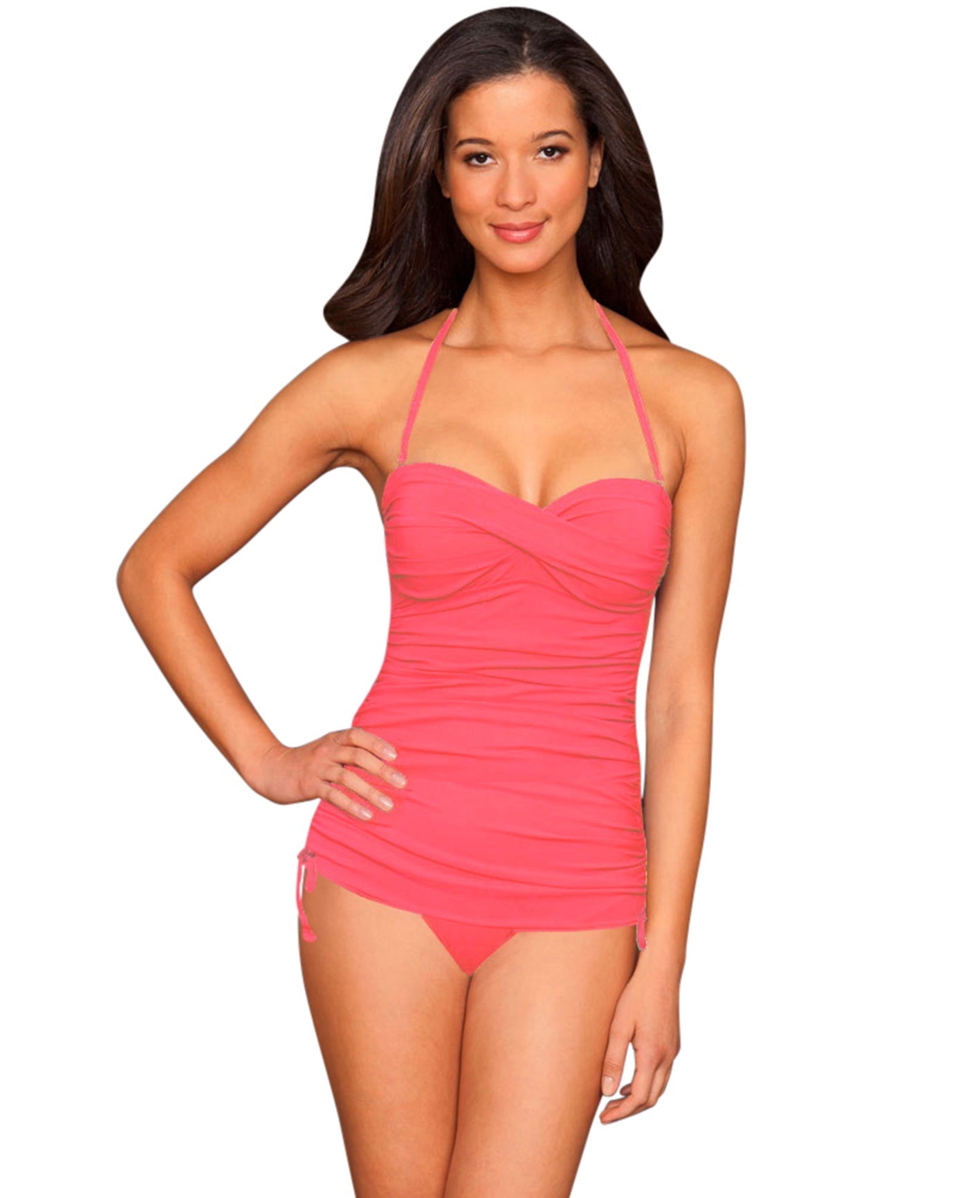 Front View Of La Blanca Twist Front Bandeau Side Adjustable One Piece Swimsuit | LAB Guava