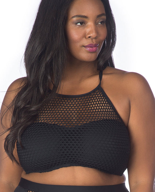 Front View Of La Blanca All Meshed Up Plus Size High-Neck Bikini Top | LAB Black