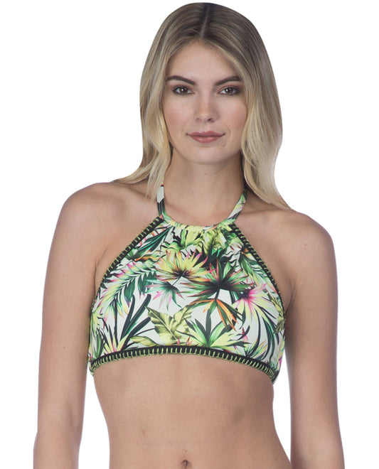 Front View Of Lucky Brand Coastal Palms High Neck Bikini Top  | LKY Coastal Palms