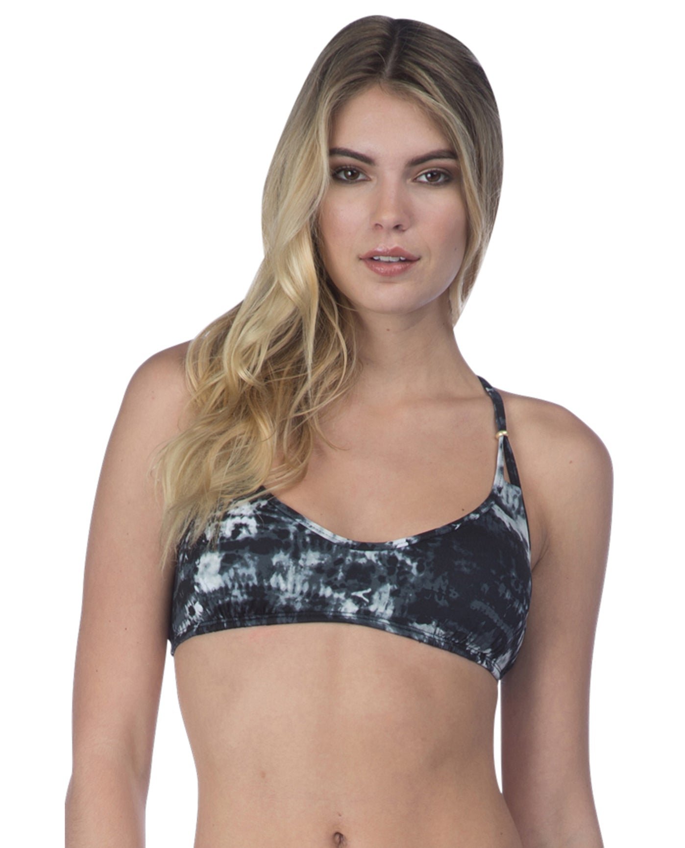 Front View Of Lucky Brand Coastal Palms High Neck Bikini Top | LKY Global Tie Dye