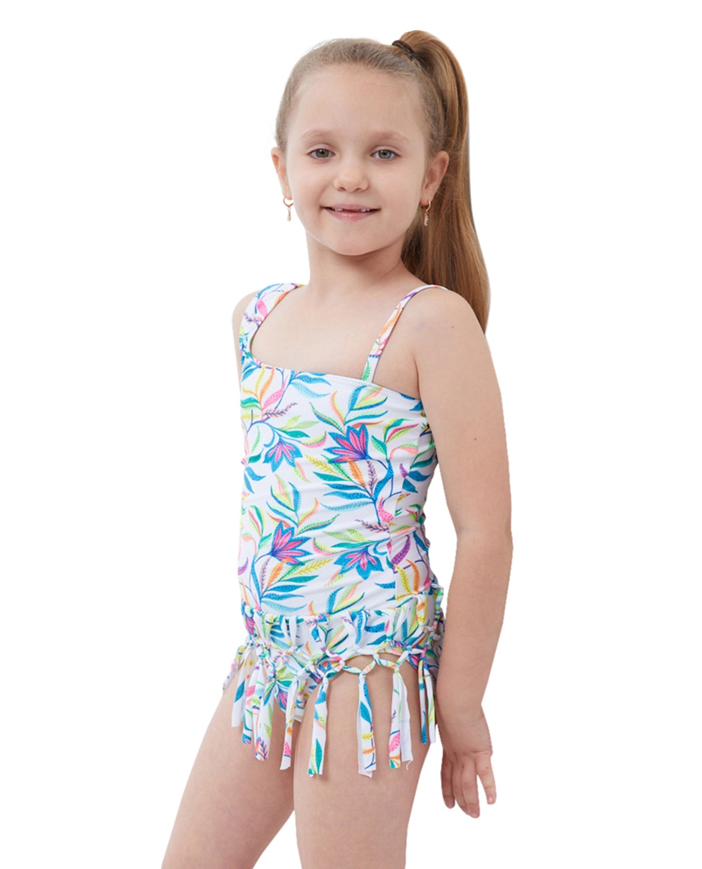 Detail View Of Gottex Kids Multi Palms One Shoulder Fringe Skirted One Piece Swimsuit | GTK PALMS