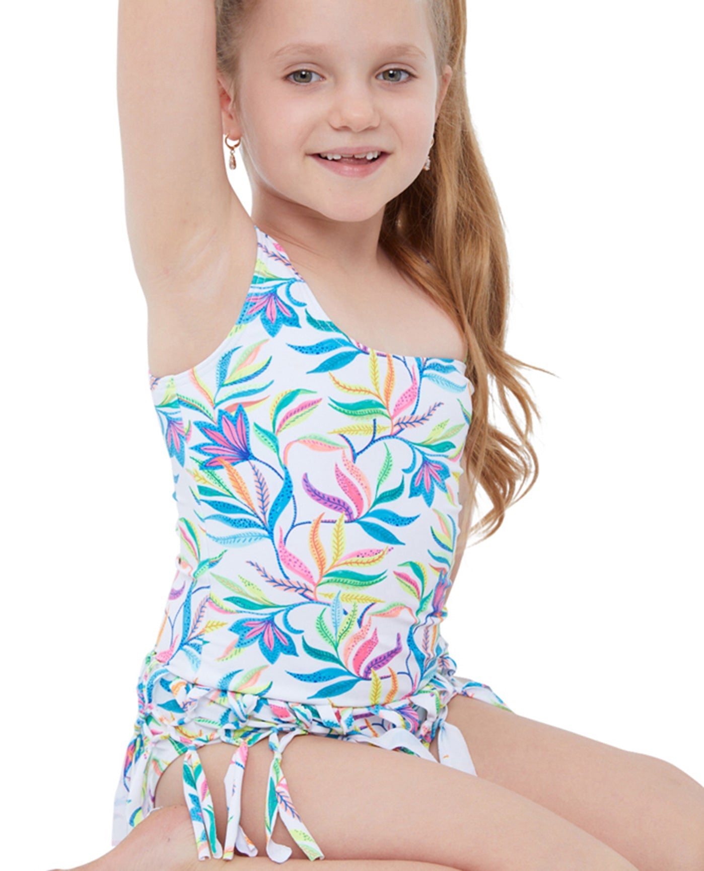 Alt View Of Gottex Kids Multi Palms One Shoulder Fringe Skirted One Piece Swimsuit | GTK PALMS