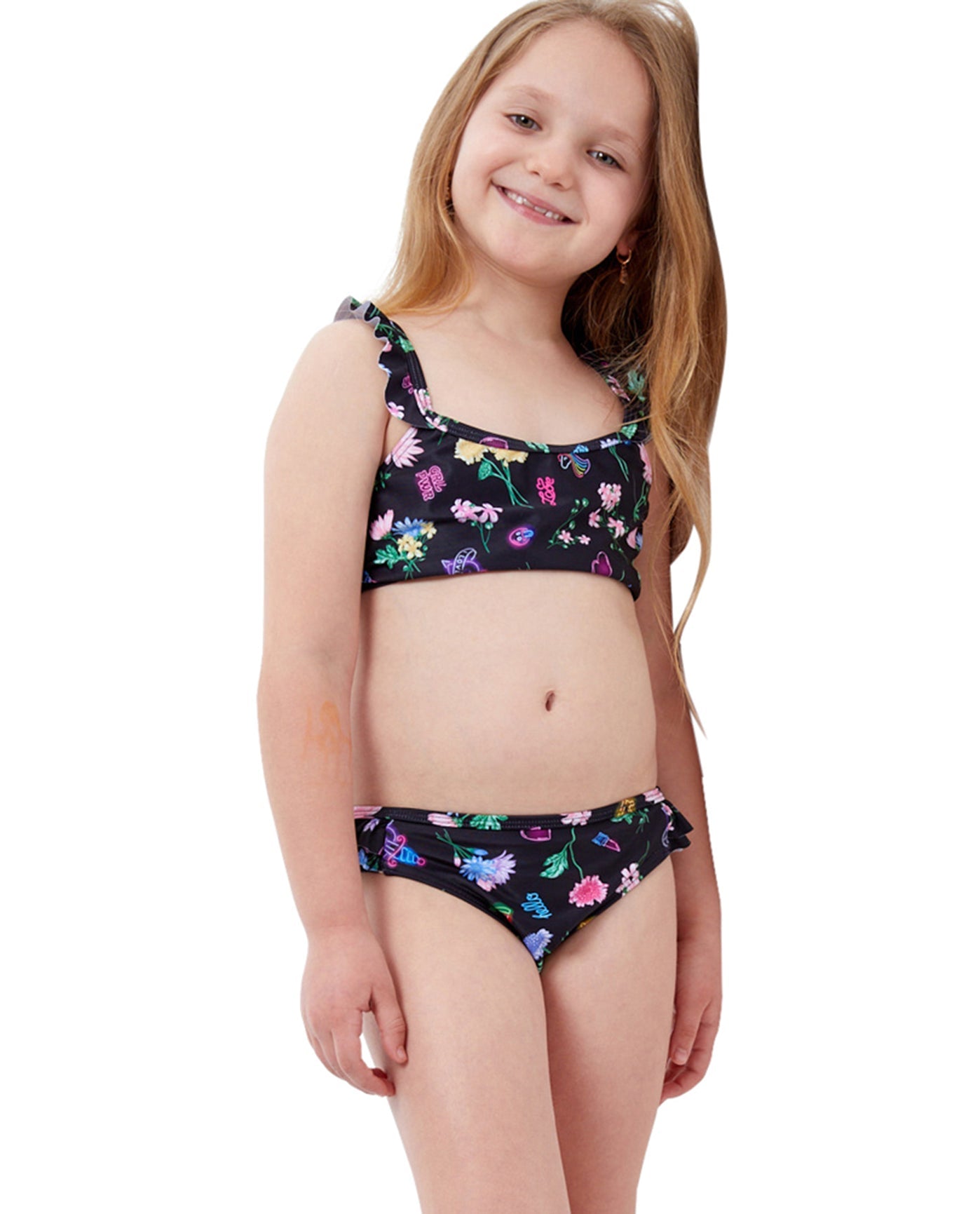 Front View Of Gottex Kids Daisies Ruffle Bralette Bikini Top with Matching Bikini Bottom | GTK DAISIES