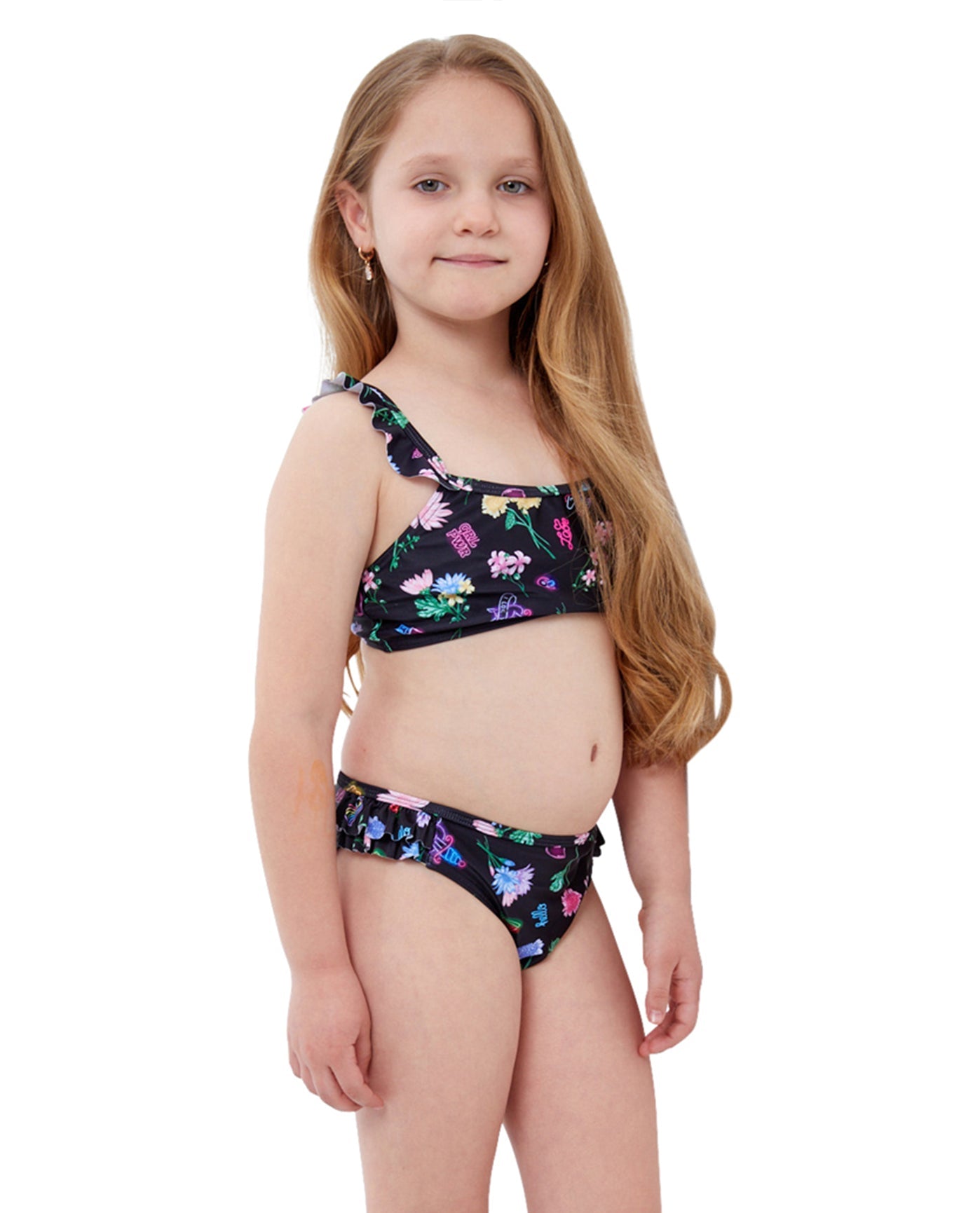 Side View Of Gottex Kids Daisies Ruffle Bralette Bikini Top with Matching Bikini Bottom | GTK DAISIES