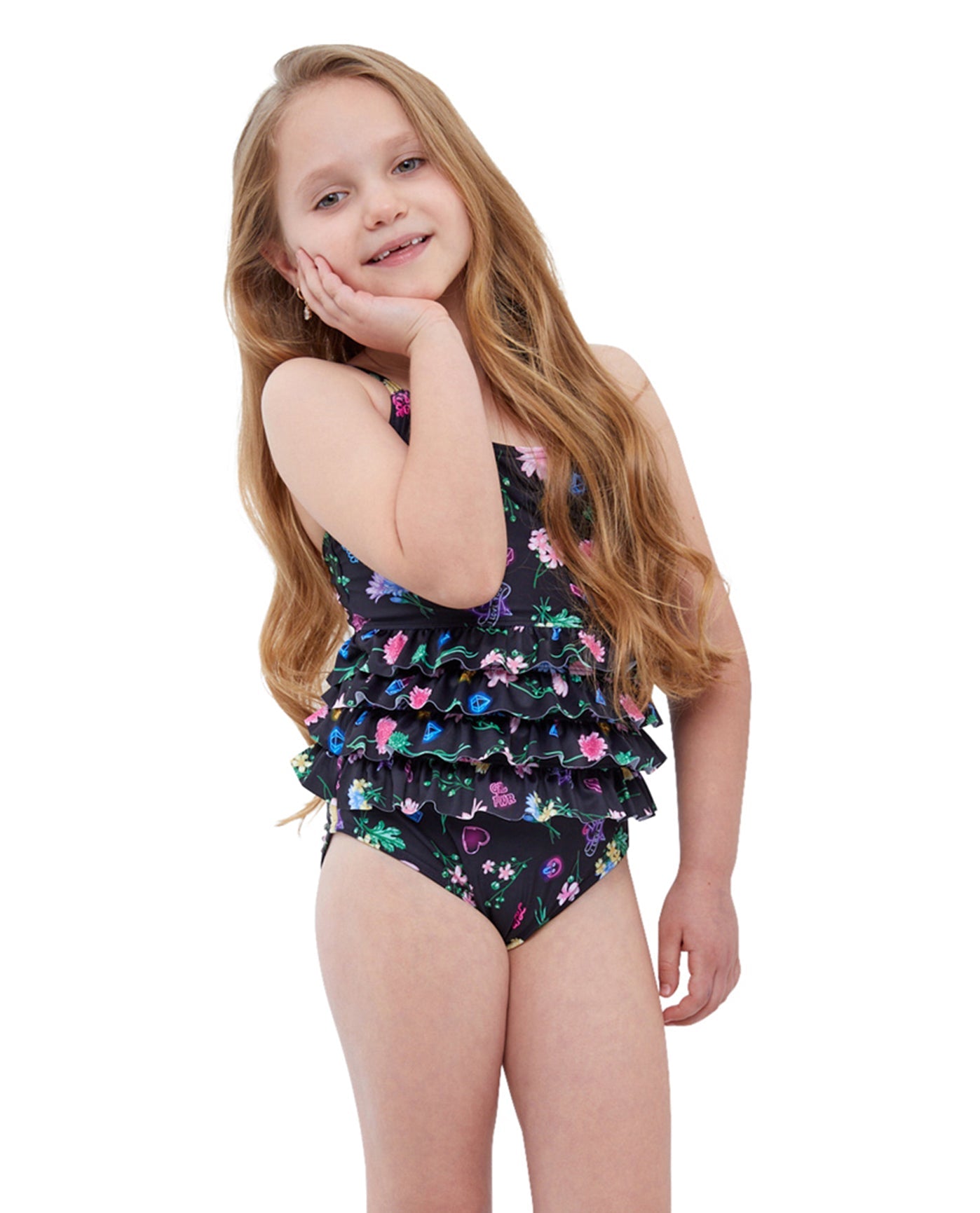 Front View Of Gottex Kids Daisies Ruffle Tiered Square Neck One Piece Swimsuit | GTK DAISIES