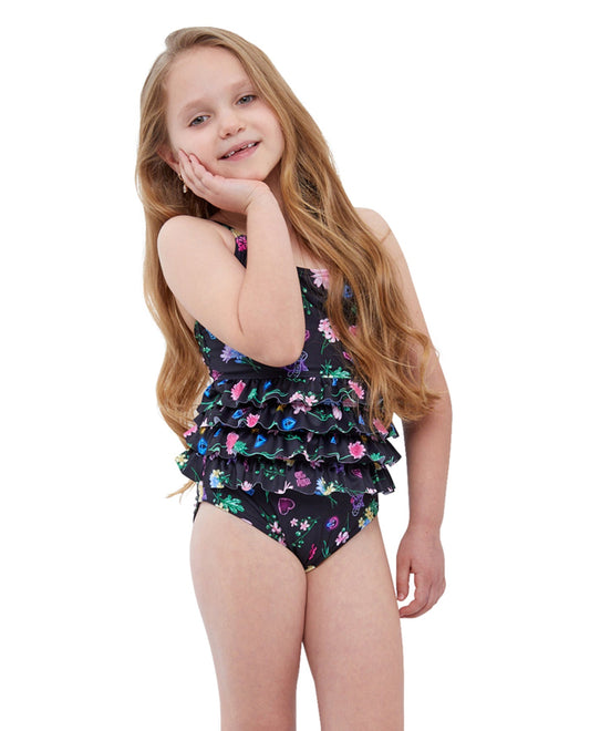 Front View Of Gottex Kids Daisies Ruffle Tiered Square Neck One Piece Swimsuit | GTK DAISIES