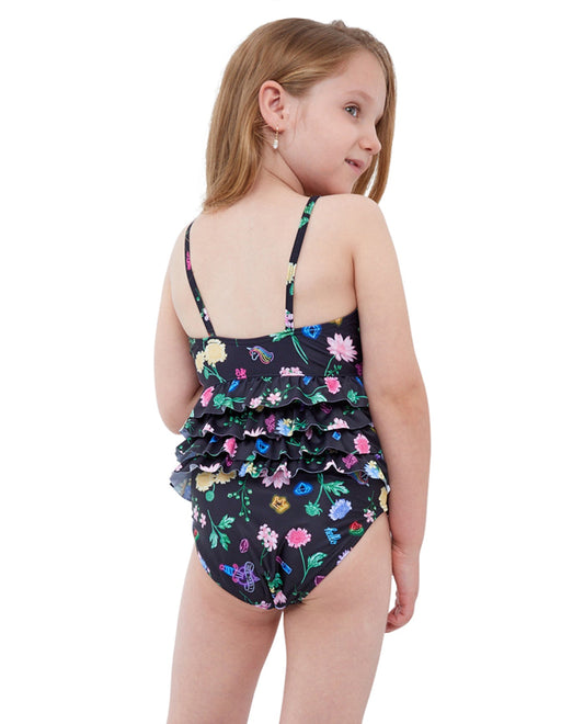 Back View Of Gottex Kids Daisies Ruffle Tiered Square Neck One Piece Swimsuit | GTK DAISIES