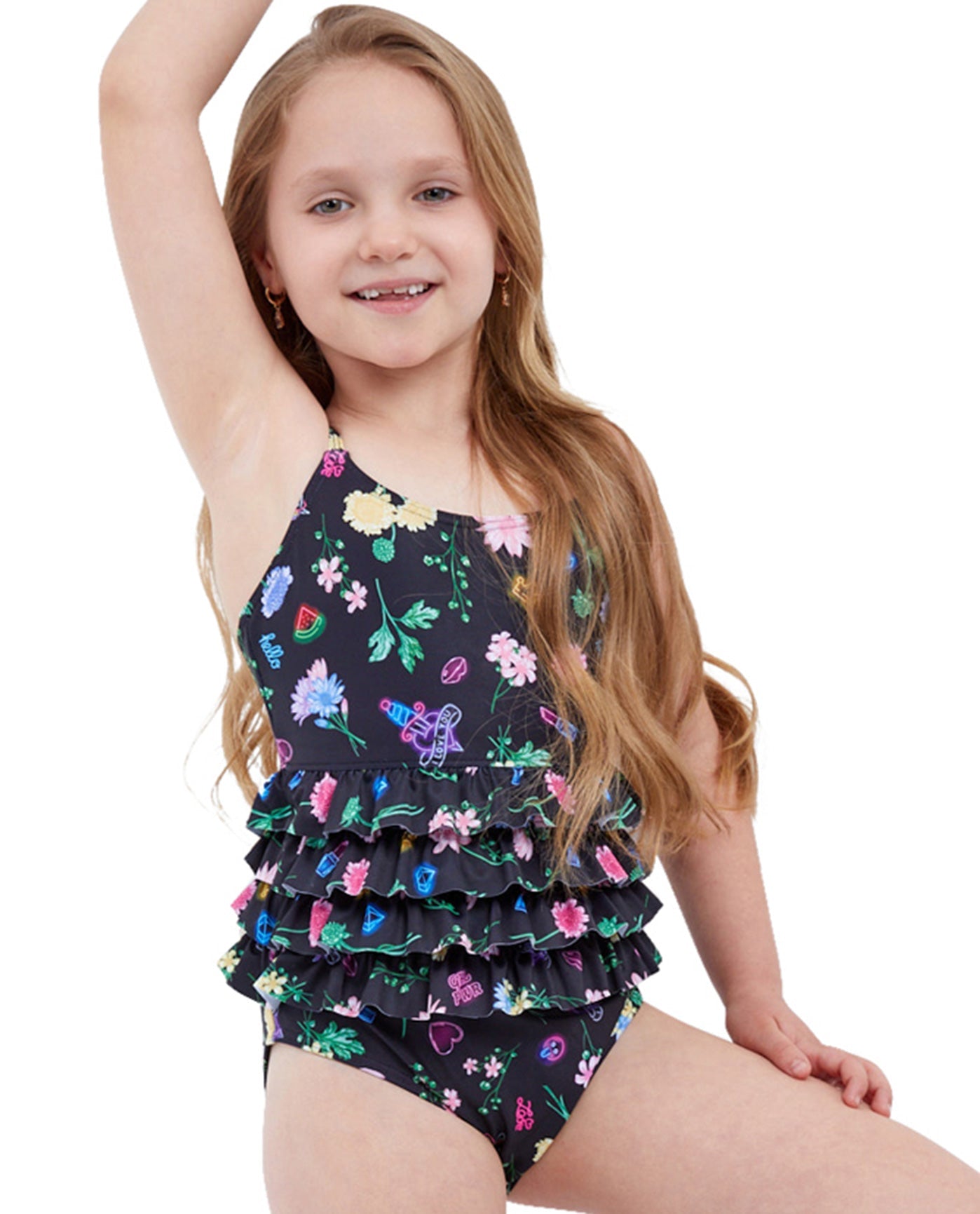 Side View Of Gottex Kids Daisies Ruffle Tiered Square Neck One Piece Swimsuit | GTK DAISIES