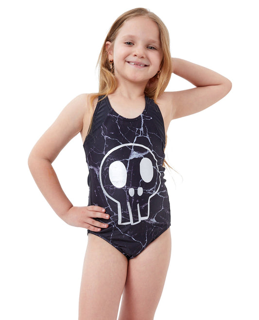 Front View Of Gottex Kids Silver Skull Sporty One Piece Swimsuit | GTK SKULL
