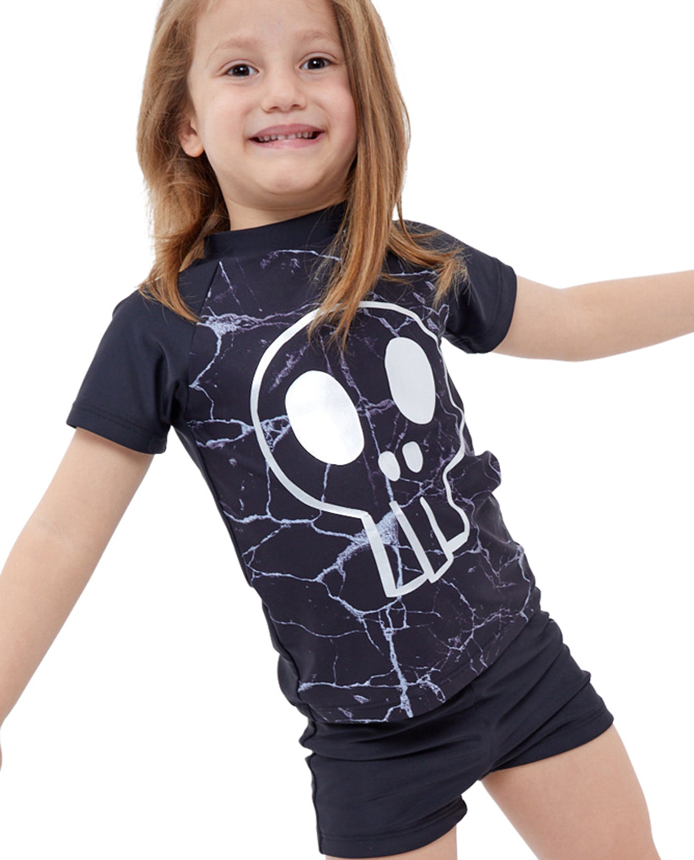 Front View Of Gottex Kids Silver Skull Short Sleeve Swim Shirt with Matching Swim Short | GTK SKULL