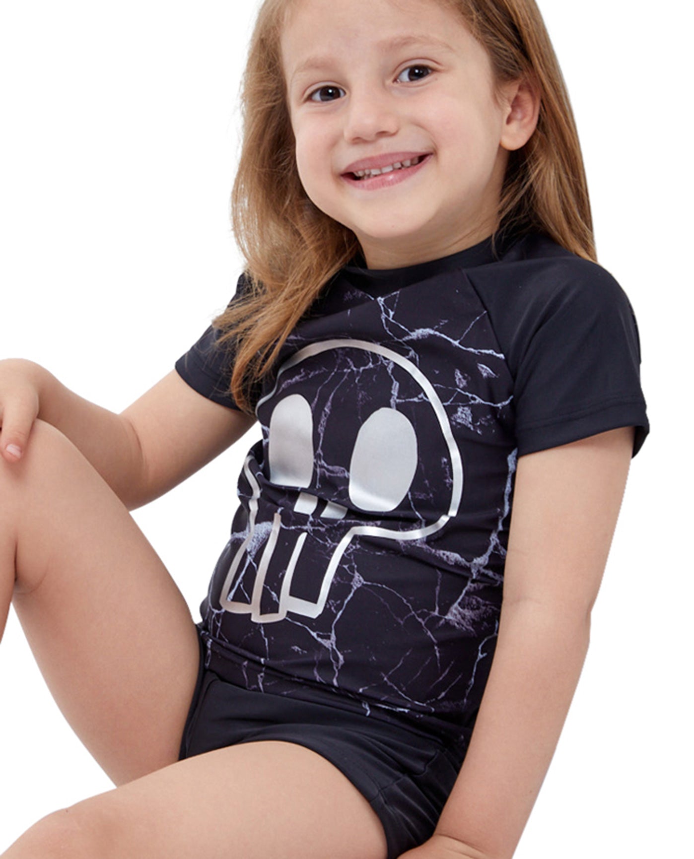 Side View Of Gottex Kids Silver Skull Short Sleeve Swim Shirt with Matching Swim Short | GTK SKULL