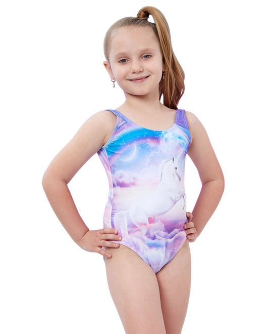 Front View Of Gottex Kids Unicorn Round Neck One Piece Swimsuit | GTK PURPLE UNICORN