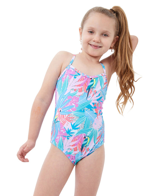 Front View Of Gottex Kids Neon Palms Round Neck One Piece Swimsuit | GTK NEON PALMS