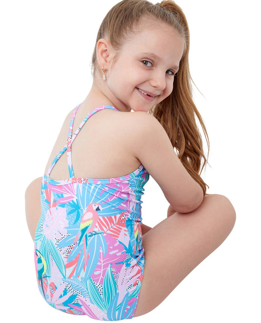 Back View Of Gottex Kids Neon Palms Round Neck One Piece Swimsuit | GTK NEON PALMS