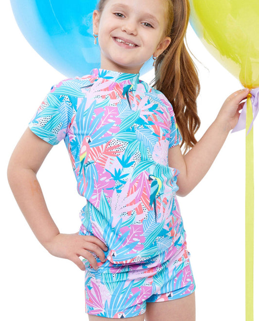 Front View Of Gottex Kids Neon Palms Short Sleeve Swim Shirt with Matching Swim Short | GTK NEON PALMS