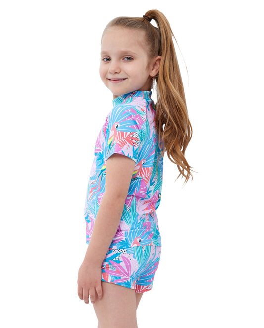 Back View Of Gottex Kids Neon Palms Short Sleeve Swim Shirt with Matching Swim Short | GTK NEON PALMS