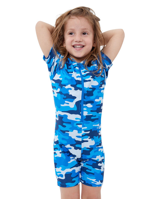 Front View Of Gottex Kids Blue Camo Short Sleeve Zip Up Swim Overalls | GTK CAMO