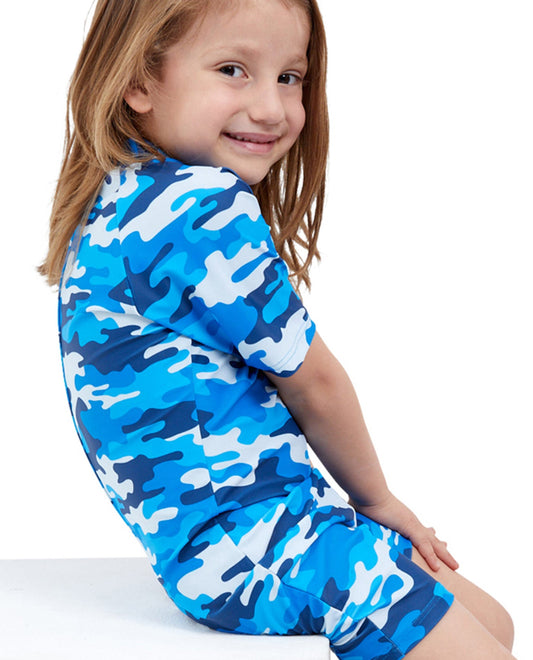 Back View Of Gottex Kids Blue Camo Short Sleeve Zip Up Swim Overalls | GTK CAMO