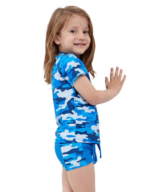 Back View Of Gottex Kids Blue Camo Short Sleeve Swim Shirt with Matching Swim Short | GTK CAMO