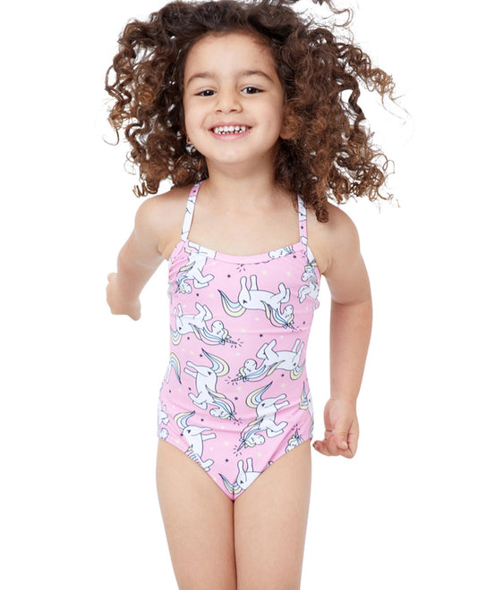 Front View Of Gottex Kids Pink Unicorns Round Neck One Piece Swimsuit | GTK PINK UNICORN