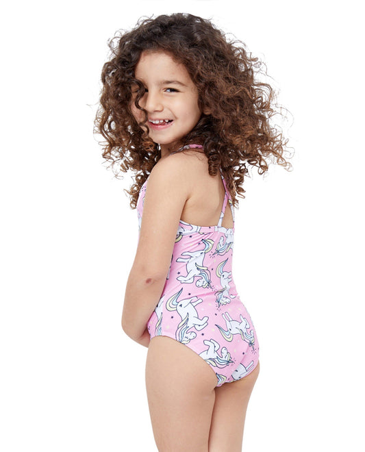 Back View Of Gottex Kids Pink Unicorns Round Neck One Piece Swimsuit | GTK PINK UNICORN