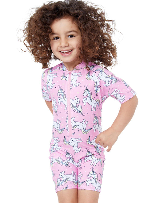Front View Of Gottex Kids Pink Unicorns Short Sleeve Zip Up Swim Overalls | GTK PINK UNICORN