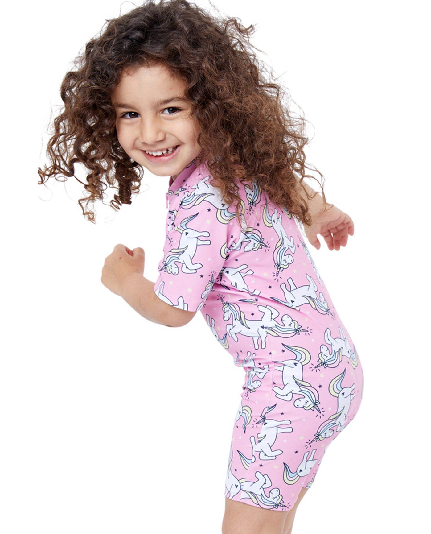 Back View Of Gottex Kids Pink Unicorns Short Sleeve Zip Up Swim Overalls | GTK PINK UNICORN