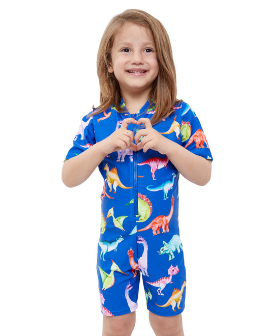 Front View Of Gottex Kids Blue Dinosaurs Short Sleeve Zip Up Swim Overalls | GTK DINOSAURS