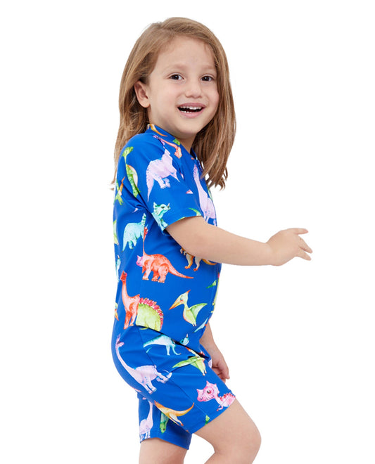 Back View Of Gottex Kids Blue Dinosaurs Short Sleeve Zip Up Swim Overalls | GTK DINOSAURS