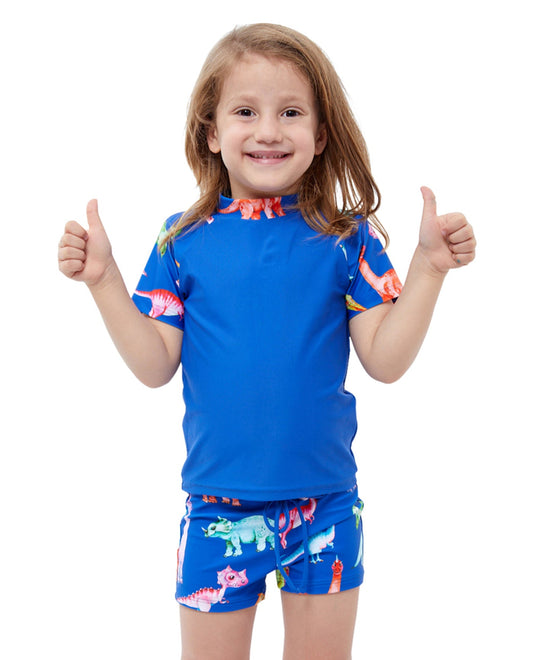 Front View Of Gottex Kids Blue Dinosaurs Short Sleeve Swim Shirt with Matching Swim Short | GTK DINOSAURS