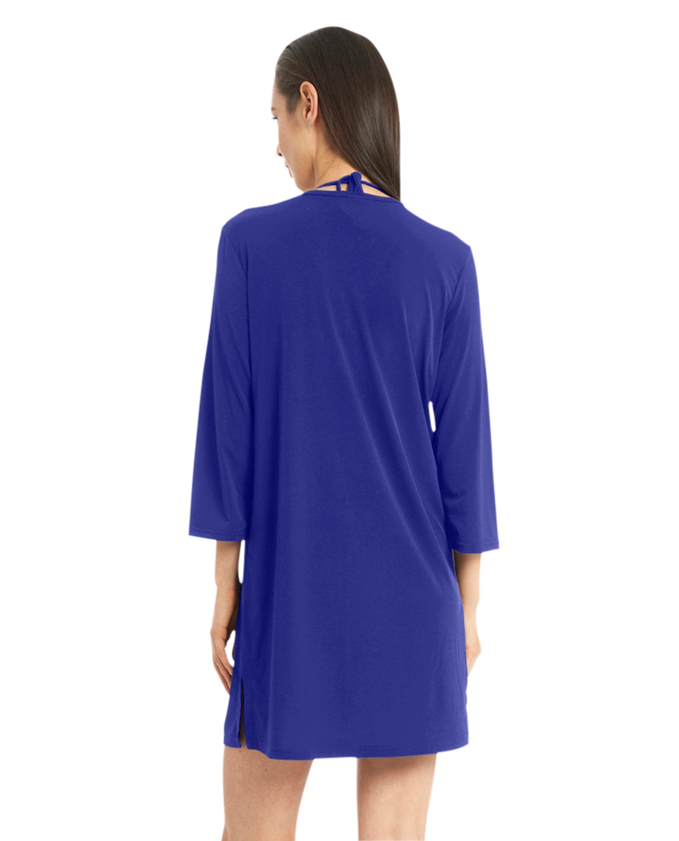 Back View Of Jordan Taylor Quintessential 3/4 Sleeve Keyhole Dress | JOR Blue