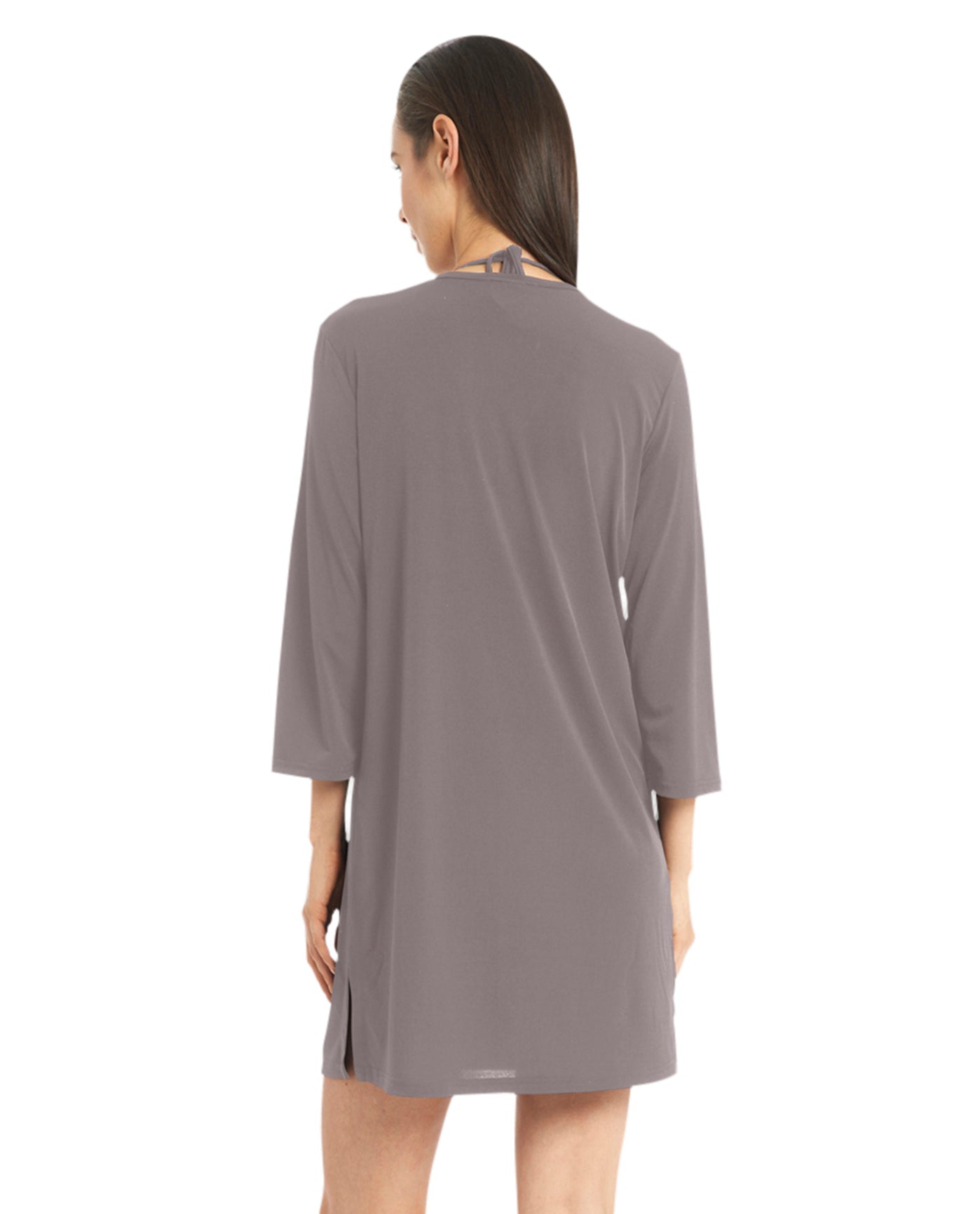 Back View Of Jordan Taylor Quintessential 3/4 Sleeve Keyhole Dress | JOR Brown