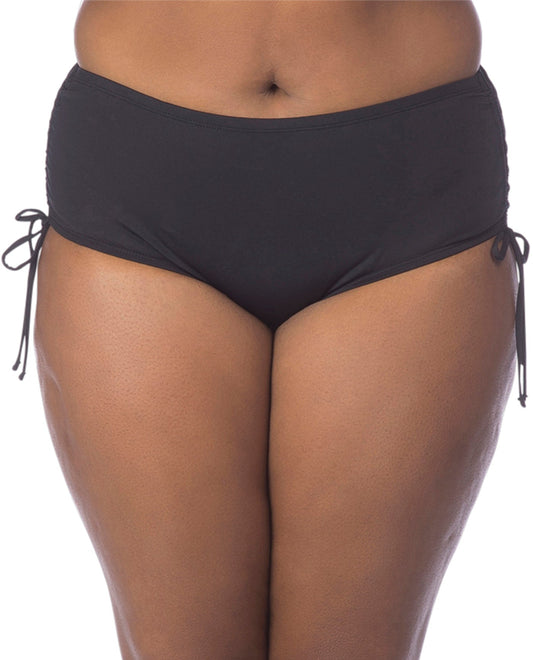 Front View Of Kenneth Cole Solid Black Plus Size Adjustable High Waist Tankini Bottom | KKC Solid Black